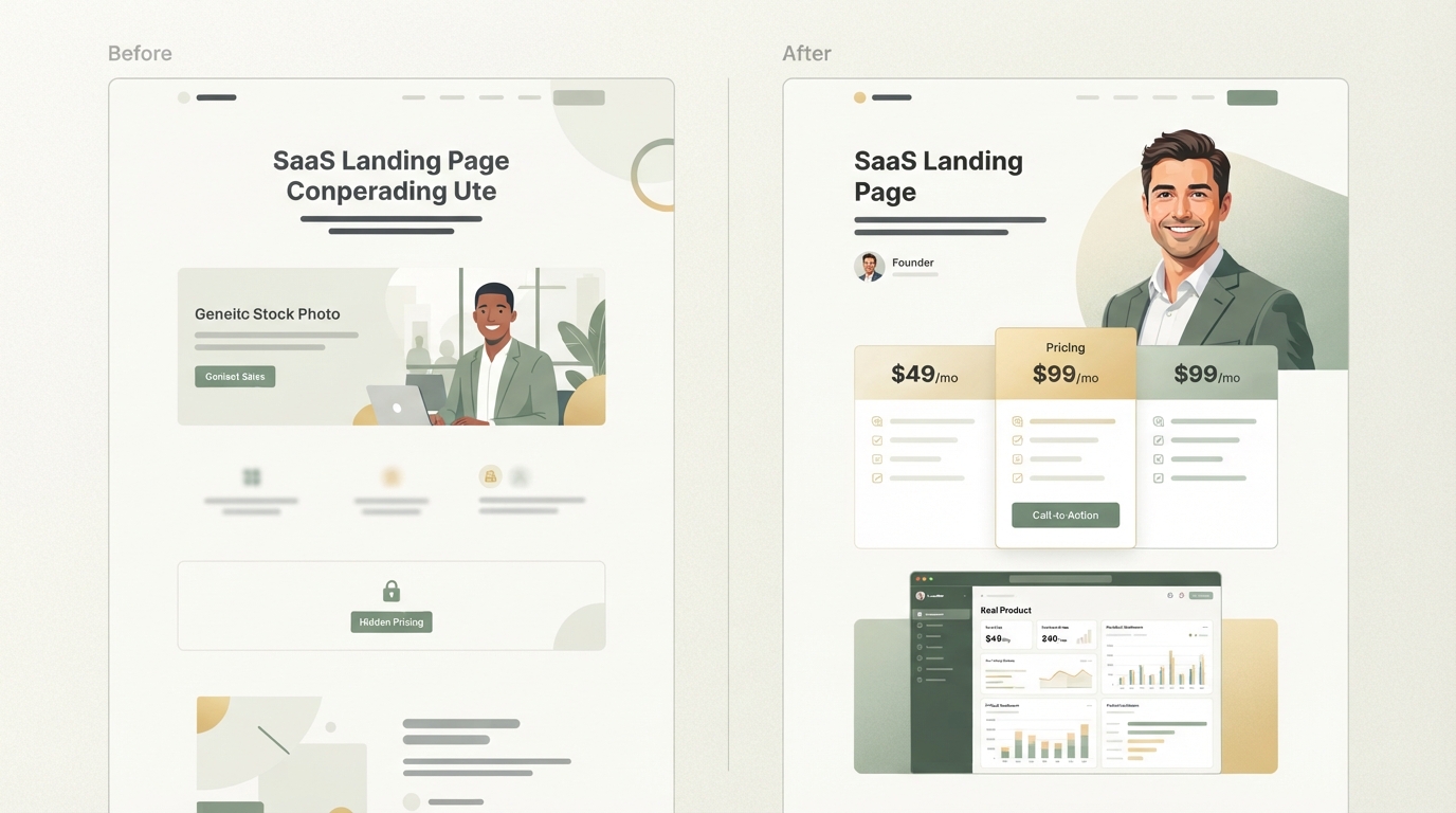 simple two-column before-after mockup of a SaaS landing page, left side generic with stock photo and hidden pricing, right side showing real founder photo, visible pricing and a real product screenshot