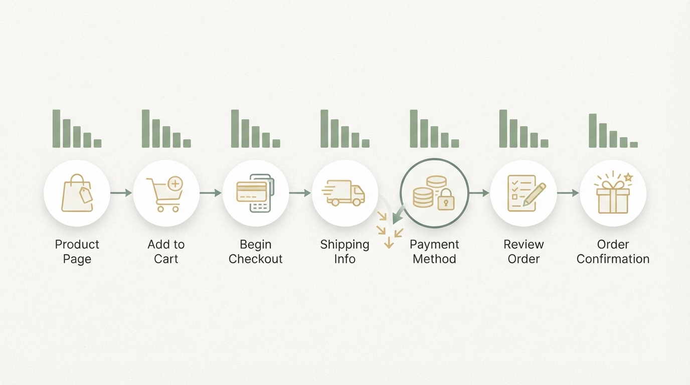 horizontal checkout funnel with seven numbered stages from product page to order confirmation, each stage shown as a simple icon and one highlighted drop-off point, clean ecommerce analytics diagram, no readable text