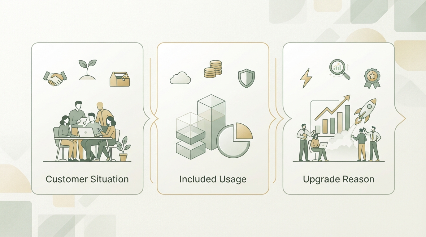 three-column SaaS pricing framework showing customer situation, included usage, and upgrade reason connected from left to right with simple icons, clean interface, no readable text