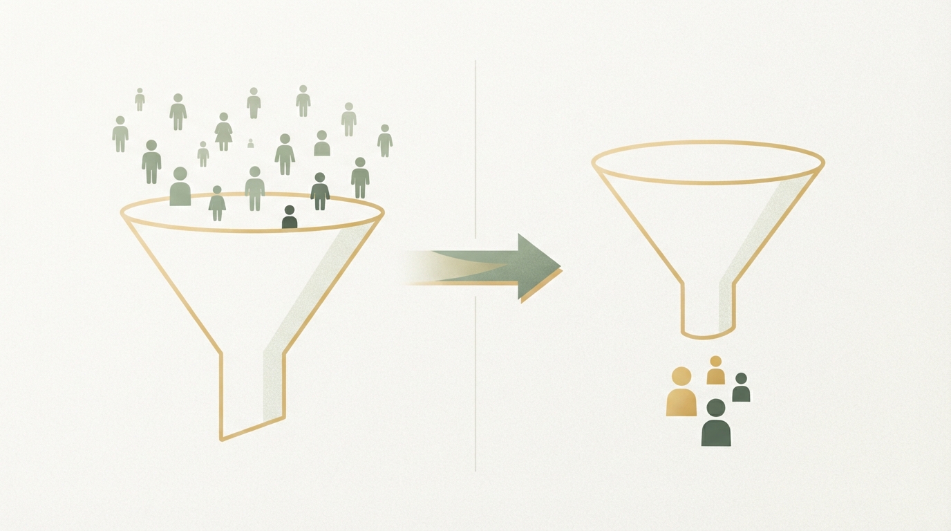 two-column comparison, left side labeled with a wide funnel icon and many scattered small figures representing a broad market, right side labeled with a narrow funnel icon and a few highlighted figures representing a specific target group, arrow between them showing narrowing