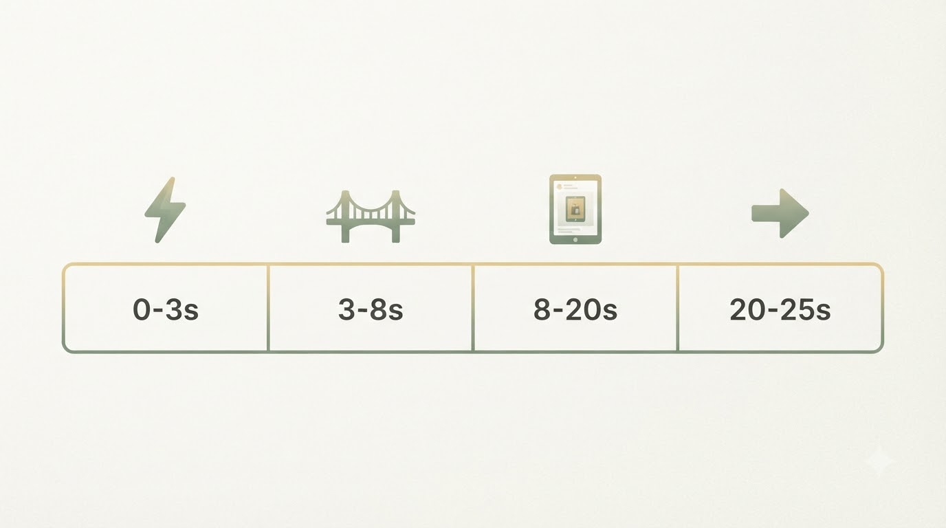 a horizontal 4-stage scale showing: 0-3s Hook icon (lightning bolt), 3-8s Bridge icon (bridge), 8-20s Proof icon (product on screen), 20-25s CTA icon (arrow pointing right), with time labels in the middle of each segment