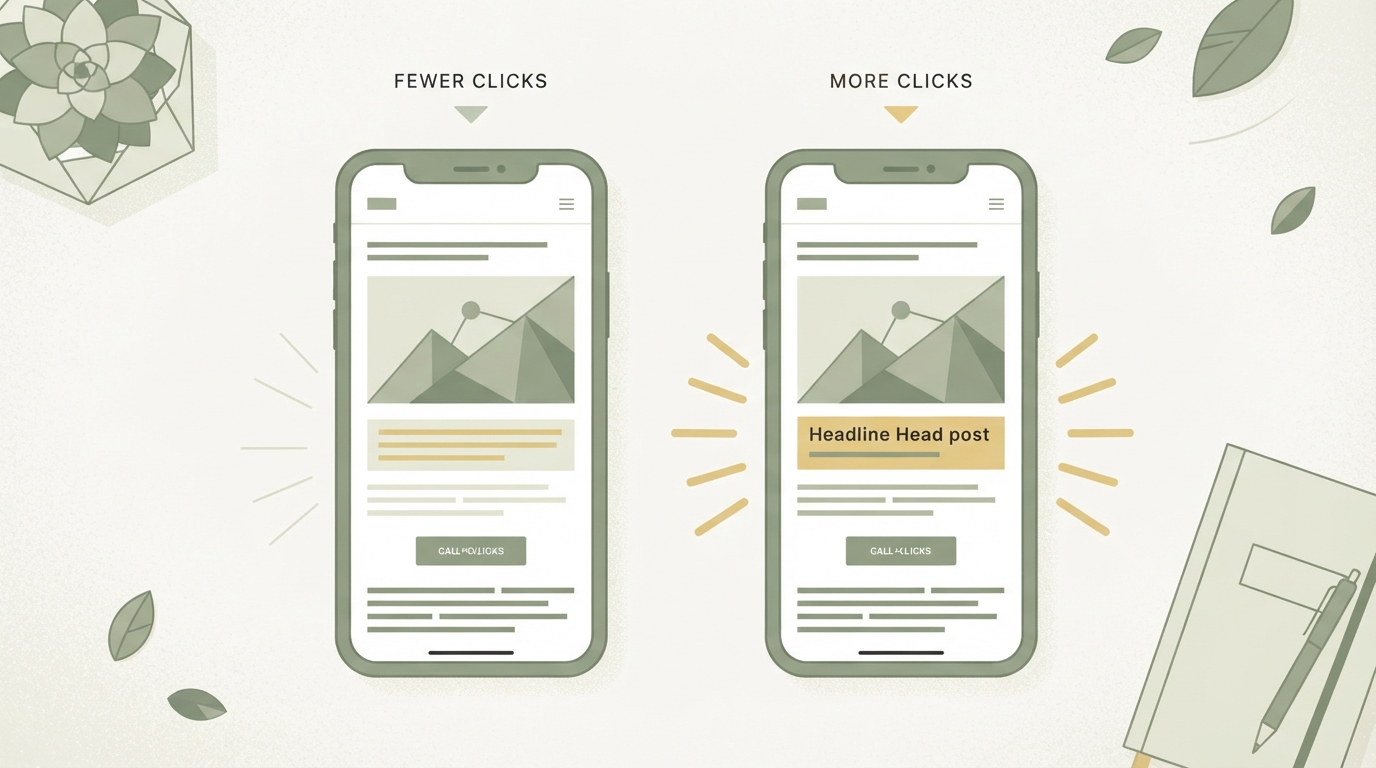 two side-by-side smartphone screenshots showing the same ad layout with different opening lines highlighted, left version getting fewer clicks, right version getting more clicks