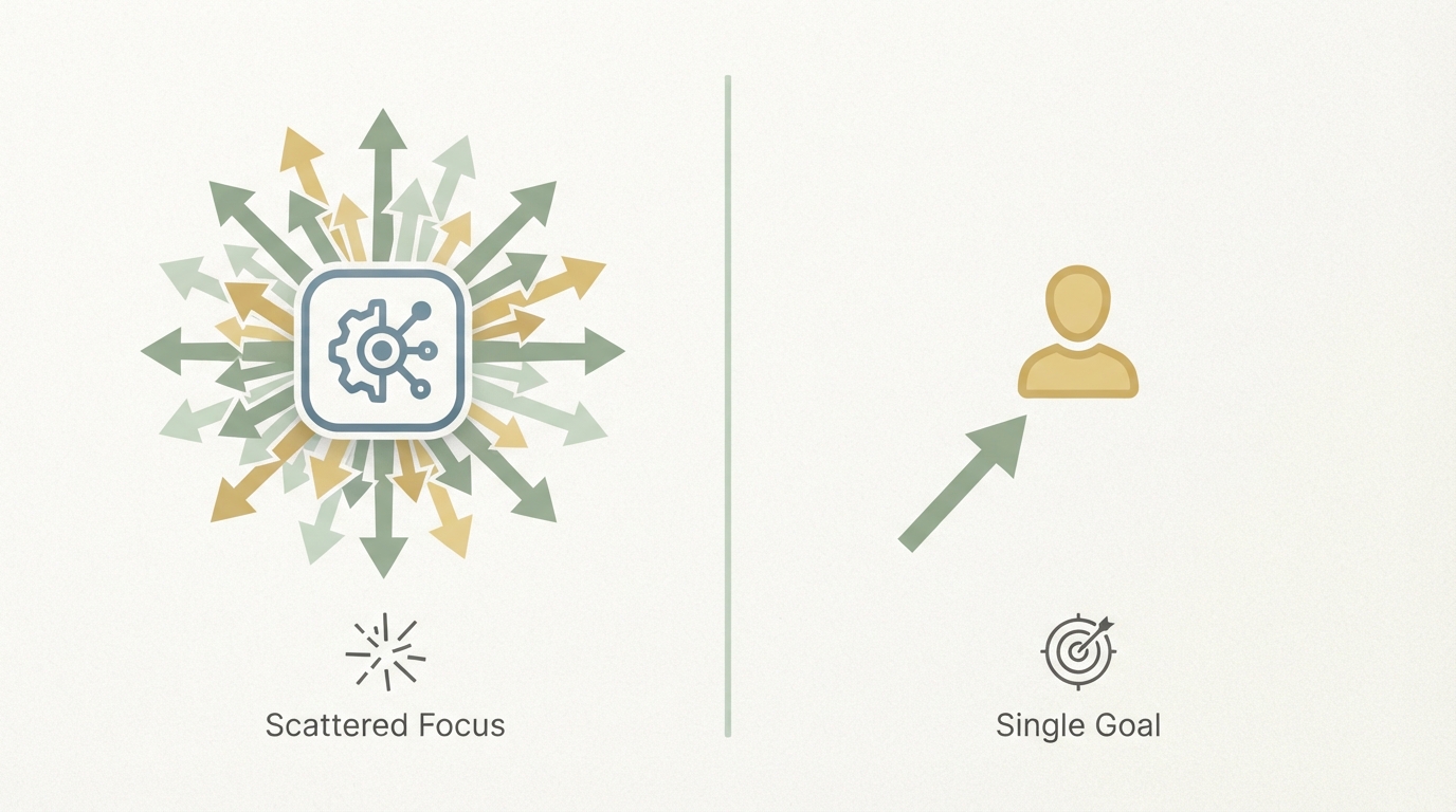 two-column comparison, left side labeled with a crowded generic app icon and many small overlapping arrows pointing outward in all directions, right side labeled with a single clear arrow pointing to one specific person icon, clean minimal flat style