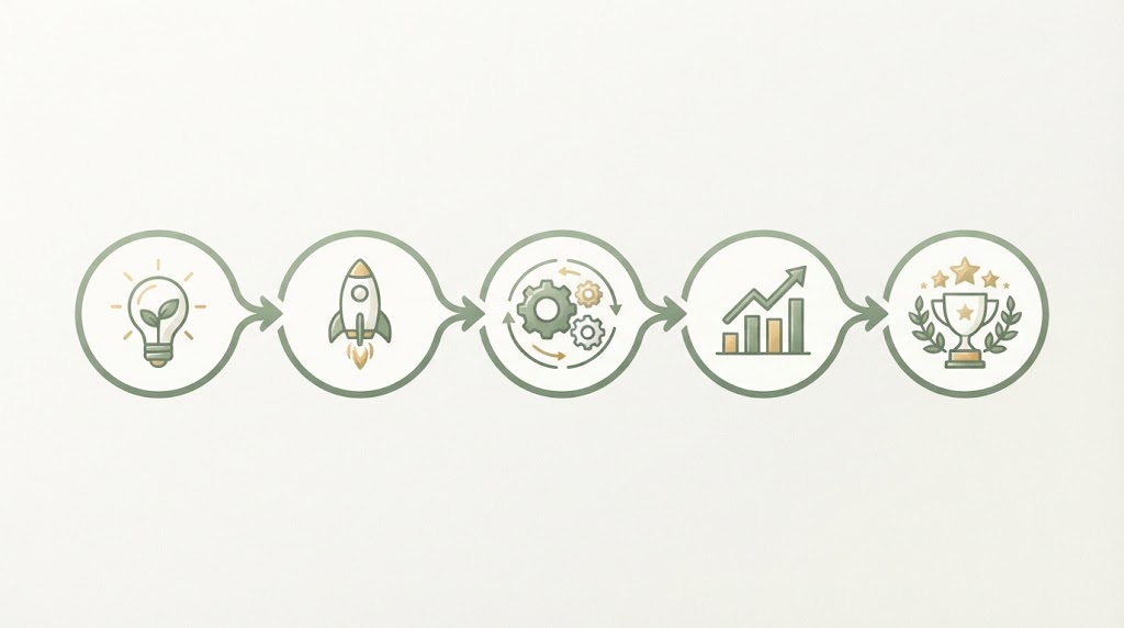 five connected stages in a simple left-to-right flow, each shown as a distinct icon linked by an arrow, no text