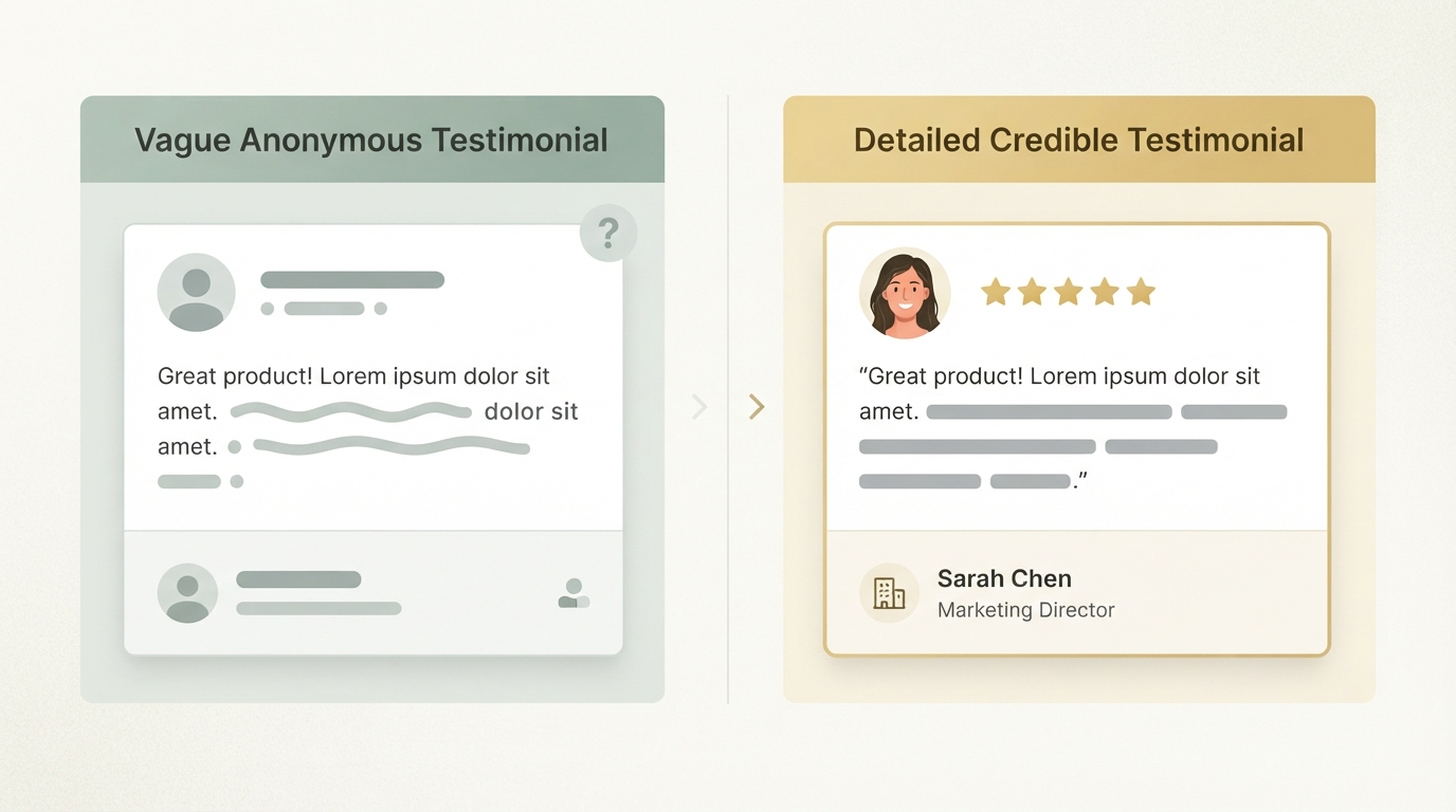 side-by-side comparison of a vague anonymous testimonial box versus a detailed testimonial with real name, role and photo, showing which one looks more credible