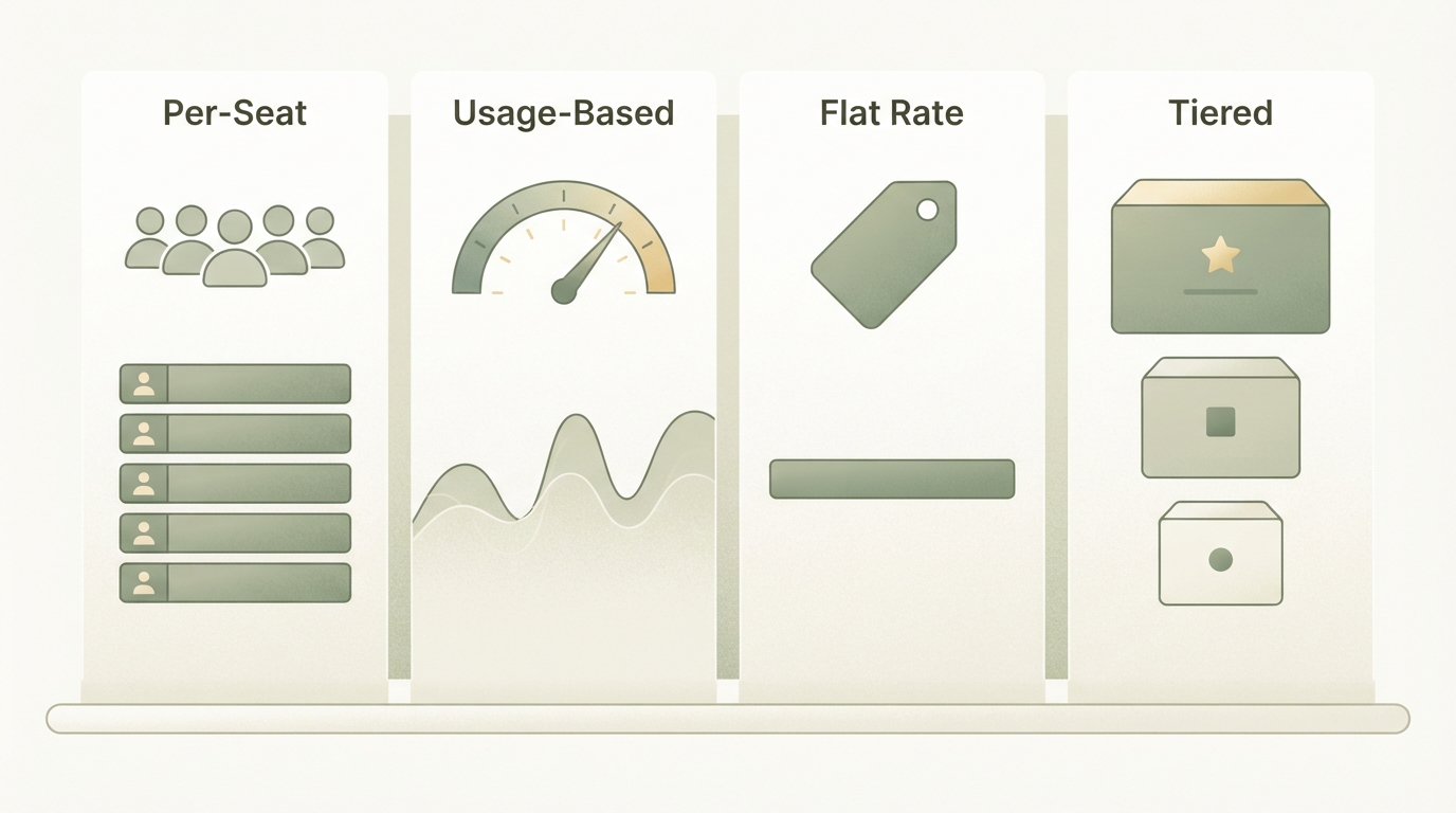 comparison of four SaaS pricing models shown as four columns with simple icons, per-seat as person icons, usage-based as a meter gauge, flat rate as a single price tag, tiered as three stacked boxes of increasing size, left to right