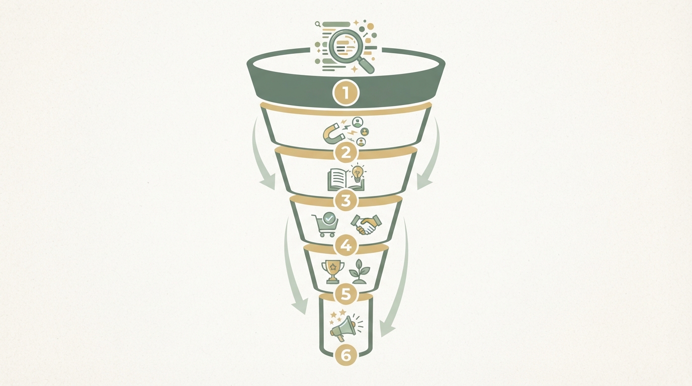 simple funnel diagram with six numbered stages flowing top to bottom, icons only: magnifyi