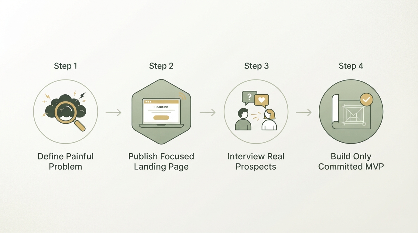 four-step validation checklist shown as a clean horizontal flow: define painful problem, publish focused landing page, interview real prospects, build only committed MVP, simple icons and no readable text
