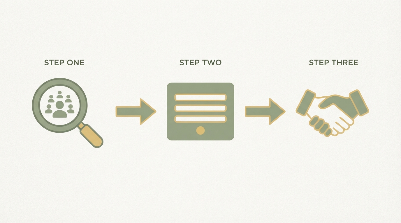 a numbered three-step flow shown as icons left to right, magnifying glass labeled step one, a simple form icon labeled step two, a handshake icon labeled step three, representing find audience, collect signal, confirm commitment
