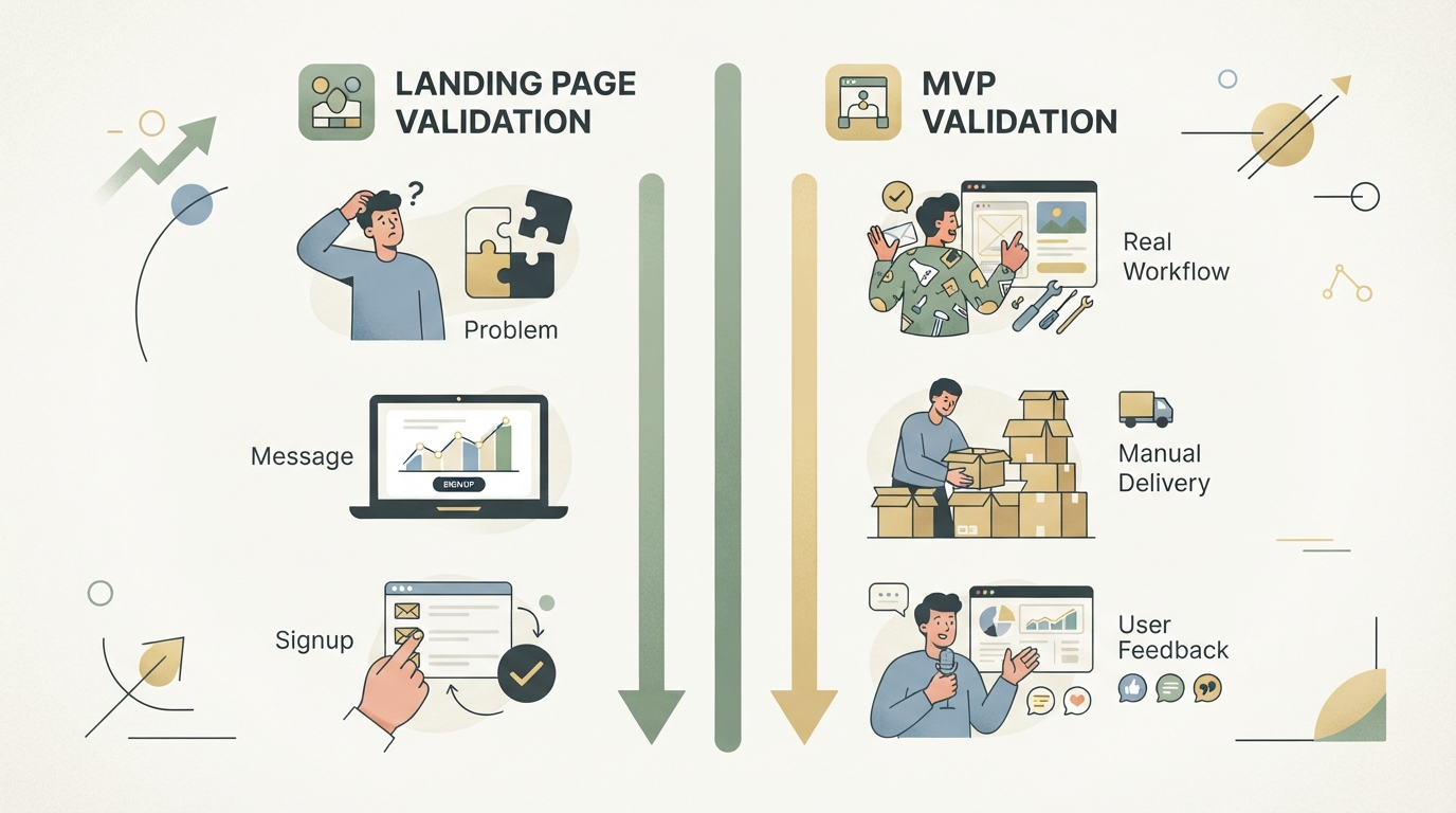 two-column comparison diagram: landing page validation on the left with problem, message, signup; MVP validation on the right with real workflow, manual delivery, user feedback, no readable text