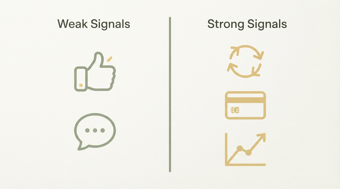 a two-column before-after comparison showing weak signals on the left labeled with icons like a thumbs-up and a speech bubble, versus strong signals on the right labeled with icons like a repeat-loop arrow, a credit card, and a rising retention curve, separated by a vertical divider