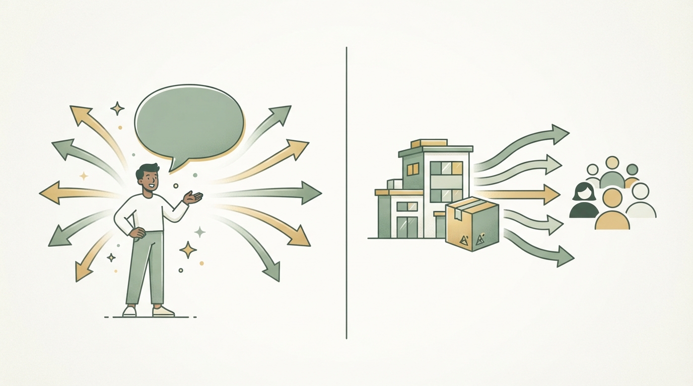 two-column comparison diagram, left side shows single person with speech bubble and trust arrows flowing outward, right side shows building and product box with company-to-audience arrows, minimal flat icon style, no readable text