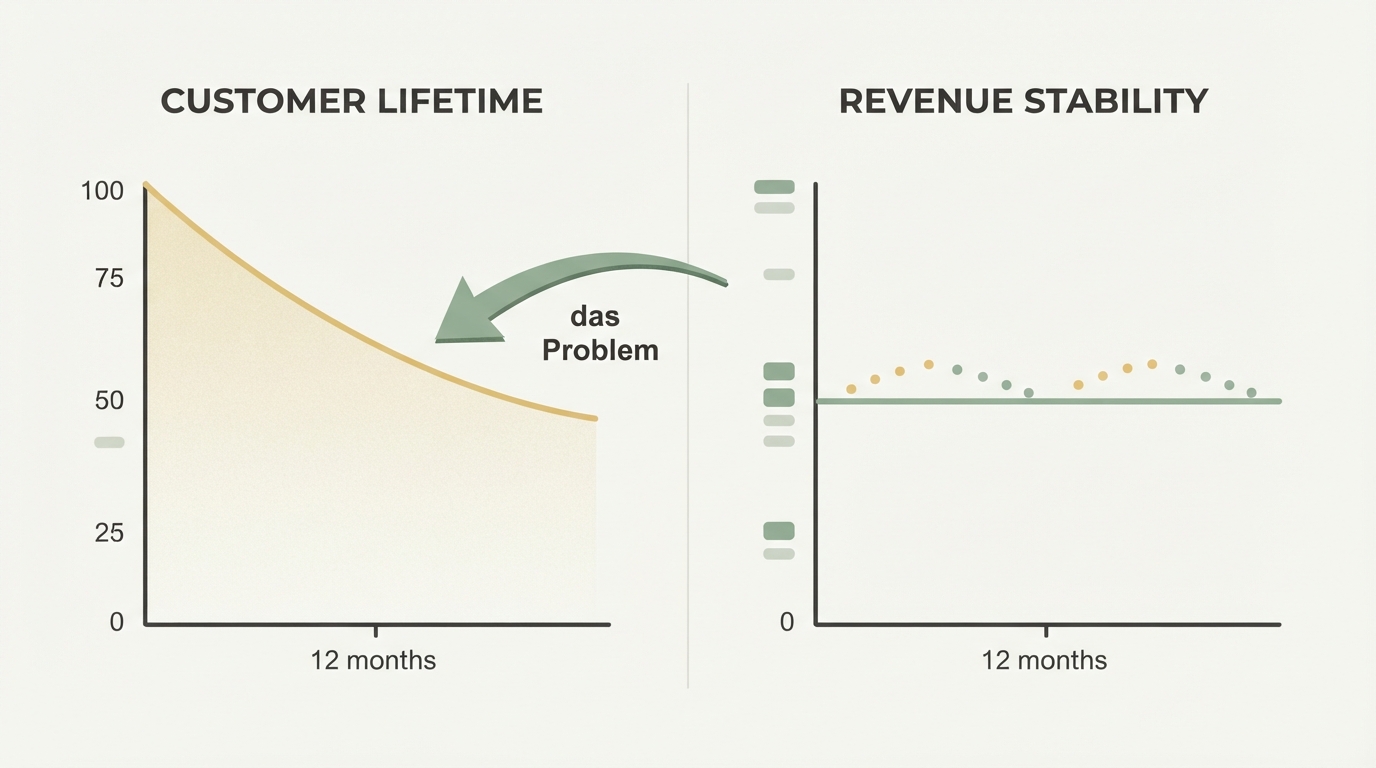 two-column graph showing customer lifetime on the left (starting at 100 customers, declining curve over 12 months to 50), and revenue stability on the right (flat line due to new customer acquisition offsetting churn), with an arrow pointing to the declining curve labeled "das Problem"