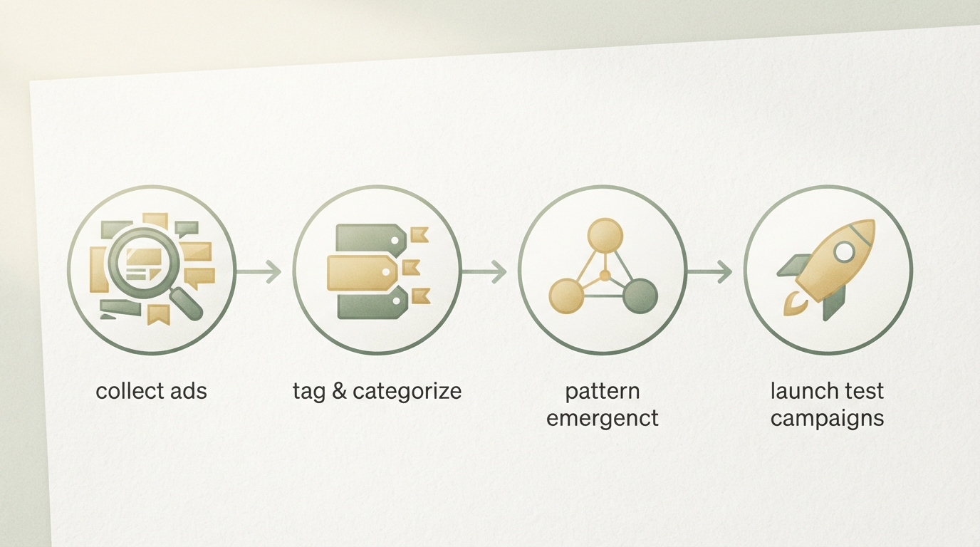 four-step workflow shown as icons left-to-right: magnifying glass (collect ads), tags and labels (tag & categorize), pattern emergence (three connected nodes showing how patterns cluster), rocket icon (launch test campaigns)