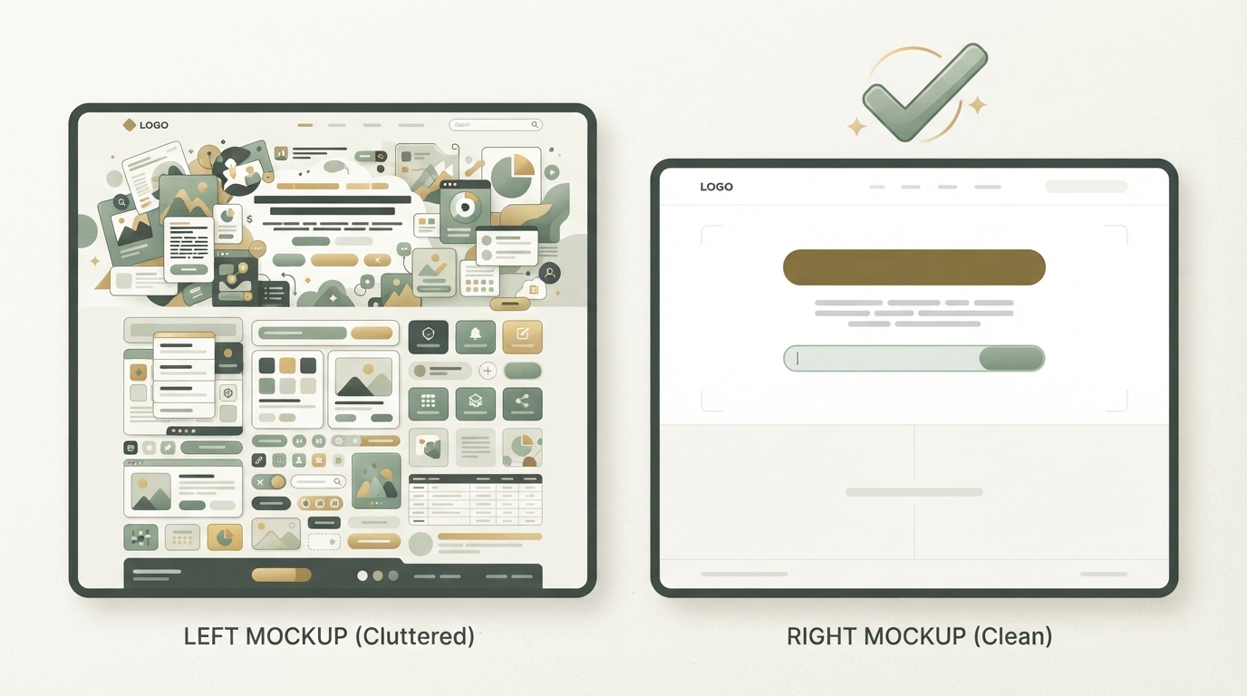 two side-by-side landing page mockups with no readable text, left version cluttered with many generic boxes, icons and buttons stacked densely, right version showing one large clean headline bar, one short paragraph block, and one single input field with a button, a large checkmark icon placed above the right version