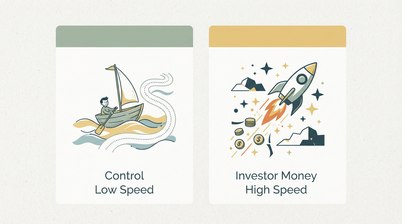 zwei Spalten im direkten Vergleich, links ein kleines Boot mit Kontrolle und geringem Tempo als Symbolik, rechts eine Rakete mit Investorengeld und hohem Tempo