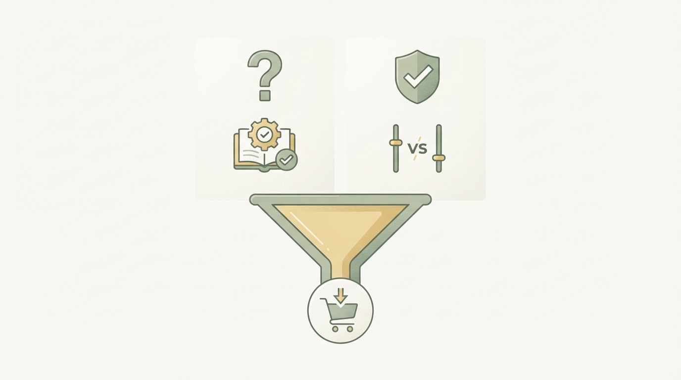 a two-column comparison layout showing "top of funnel" content examples on the left (question mark, how-to icon) versus "bottom of funnel" content examples on the right (checkmark, comparison arrows), with a simple funnel shape connecting both to a single conversion icon at the bottom