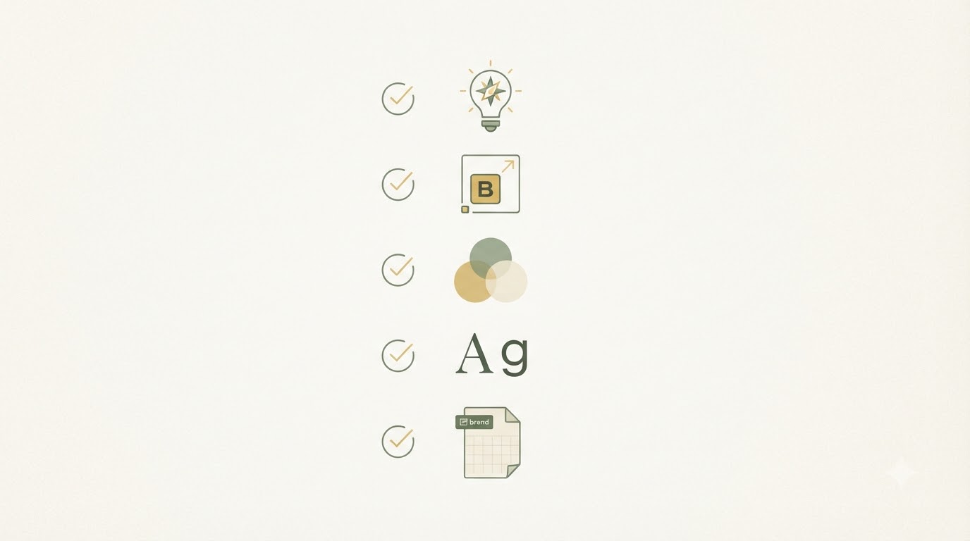 Vertical checklist with 5 checkboxes: (1) brand core explained, (2) logo scalability, (3) 3-color palette, (4) 2 fonts, (5) 1-page brand guide — each item with a small checkmark icon on the left