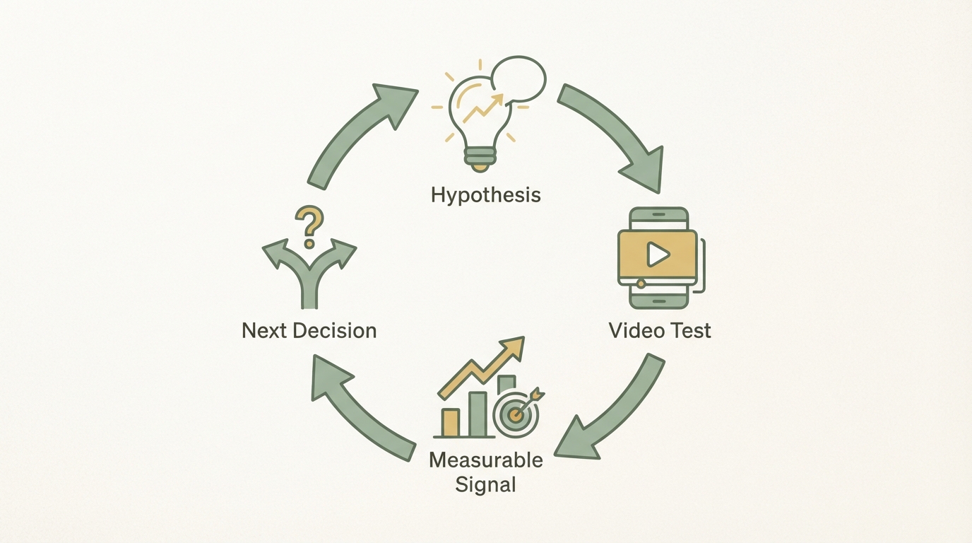 decision framework shown as a four-step loop: hypothesis, video test, measurable signal, next decision; circular arrows and simple icons, no readable text