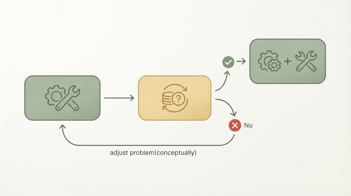 simple decision tree with three stages: first box "one problem, one tool," arrow to "recurring payments confirmed?", if yes arrow to "add a second related tool," if no arrow back to "adjust the problem"