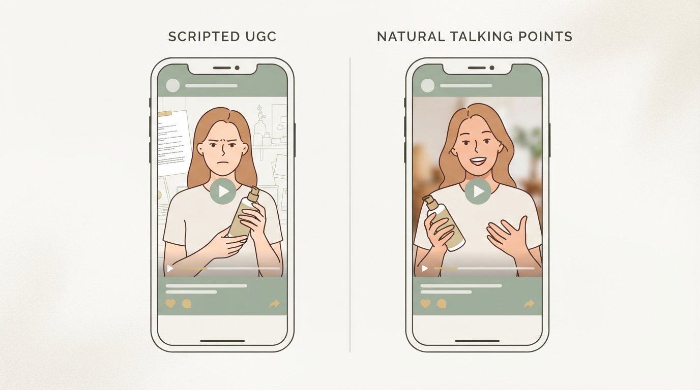 two-column comparison of a script-read UGC video versus a natural talking-points UGC video, shown as simple contrasting mockup phone screens