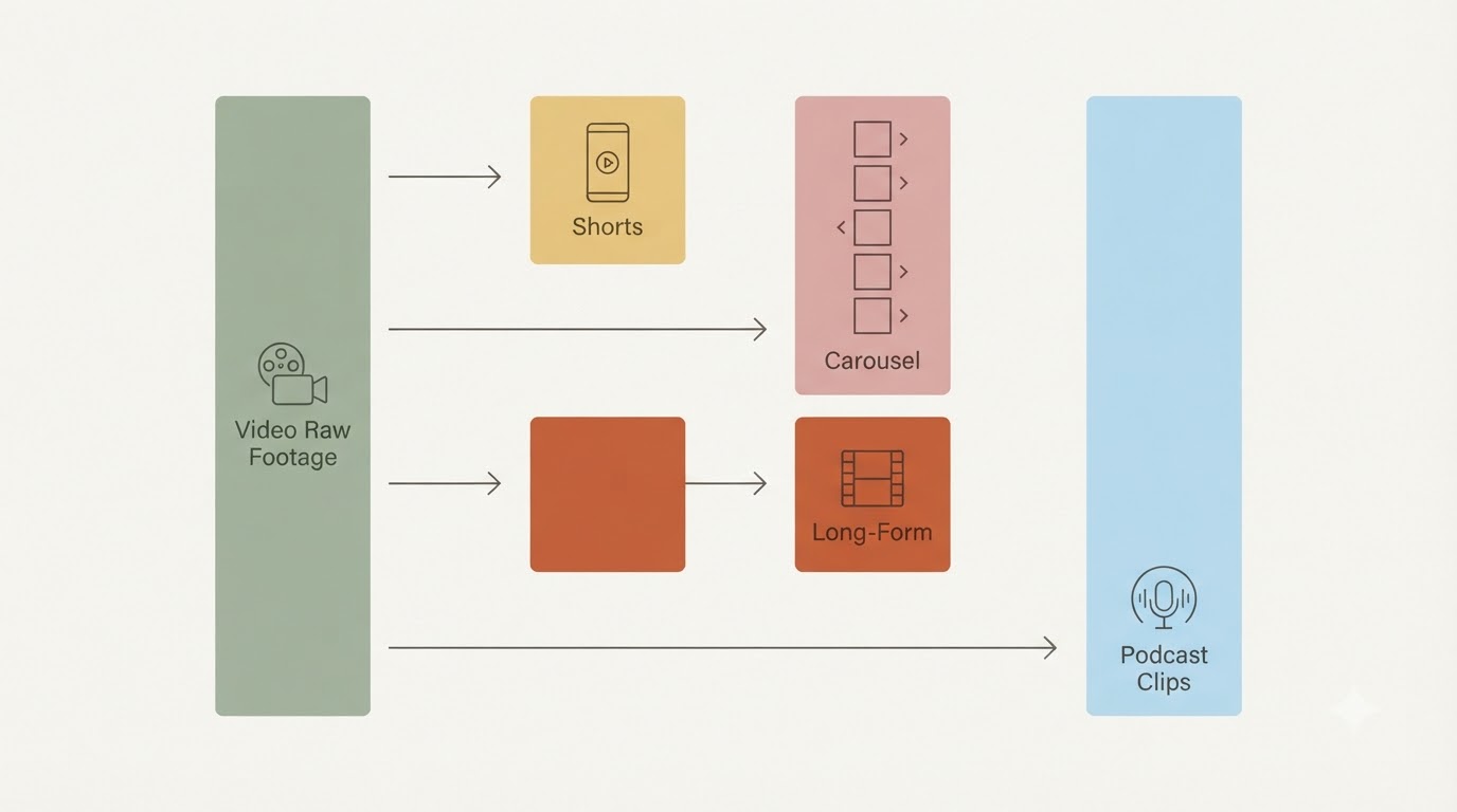four vertical bars side by side — video raw material on the left, then branching out with arrows to the right into Shorts, carousel, long-form, podcast clips in different colors