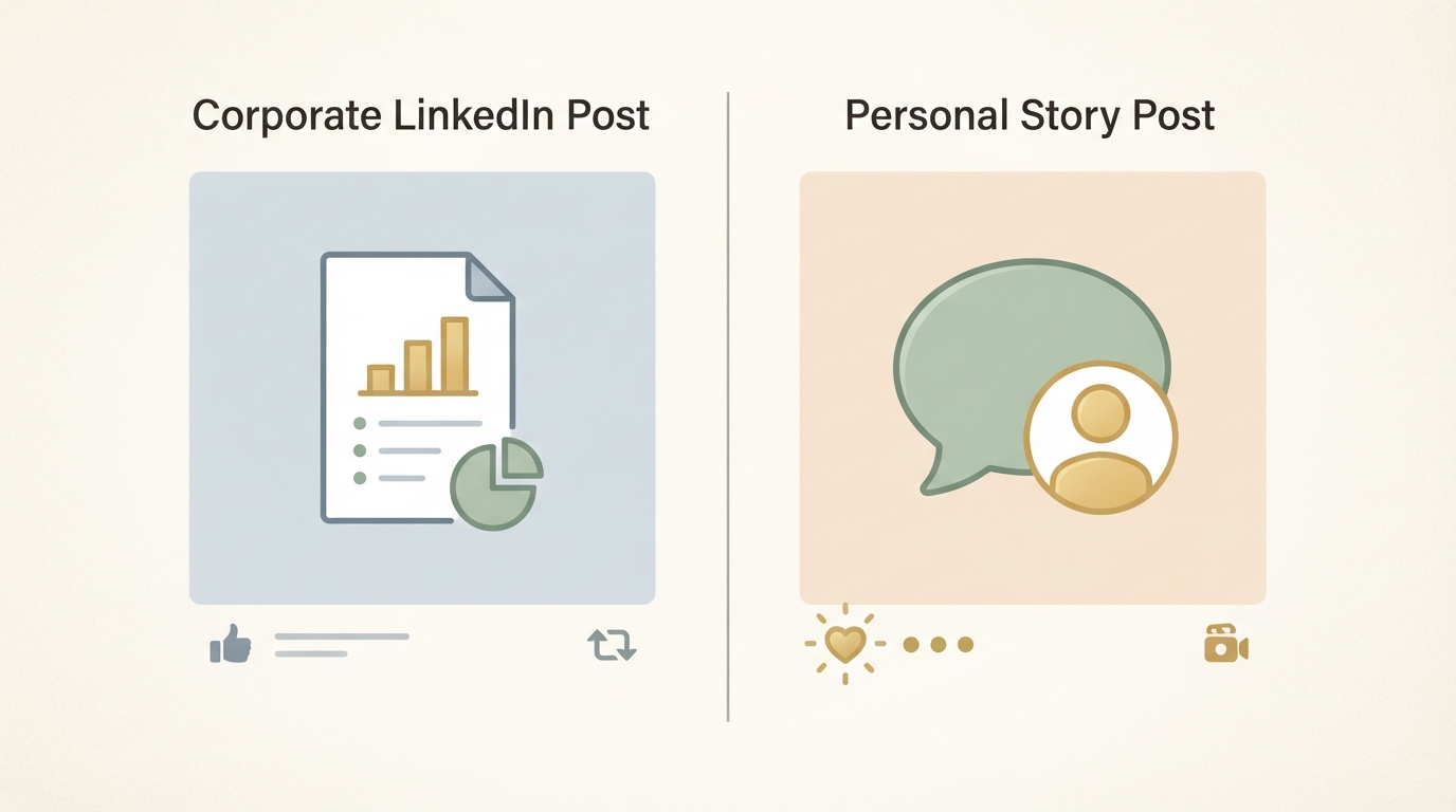 side-by-side comparison of a generic corporate LinkedIn post icon versus a personal story-style post icon, labeled by contrast in visual style not text, showing document/chart icon versus speech-bubble/person icon