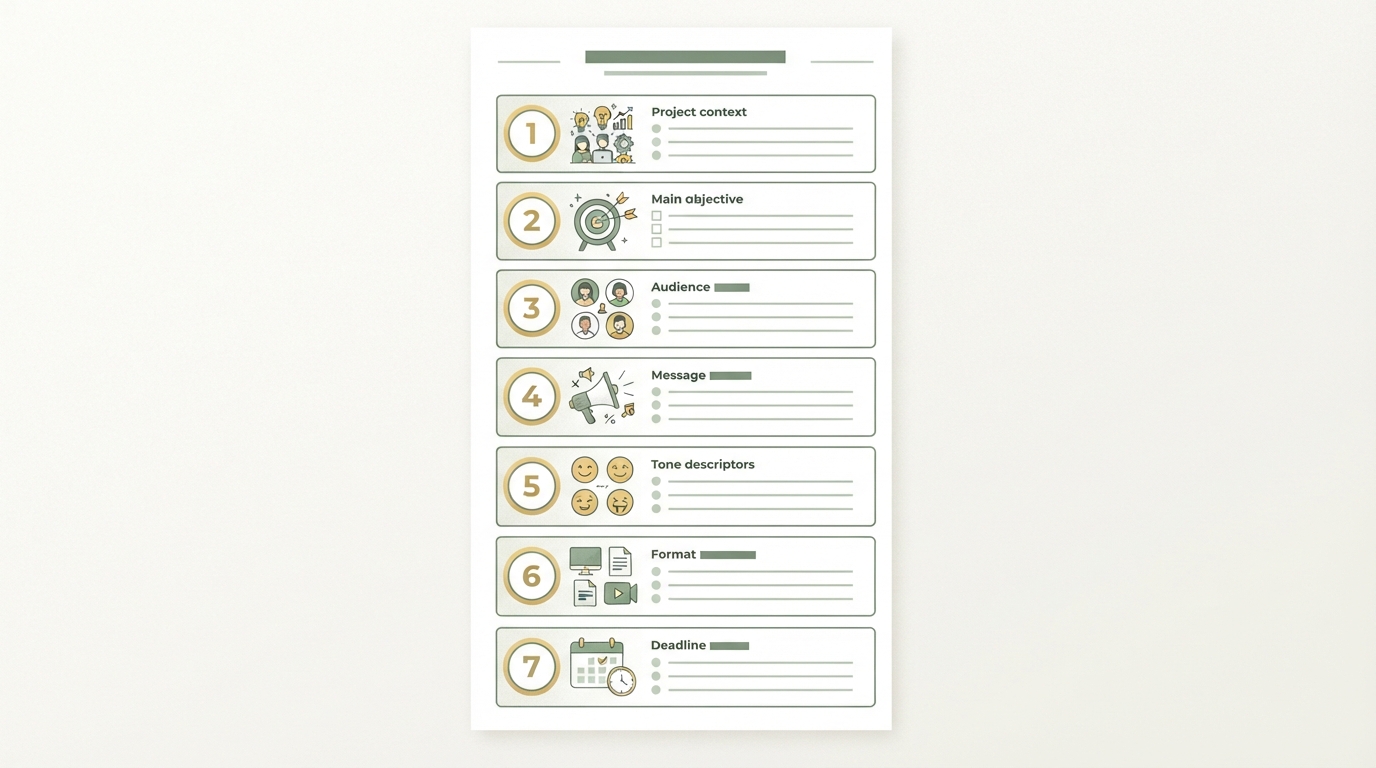 a one-page document layout showing seven labeled sections stacked vertically — project context, goal, audience, message, tone, format, deadline — as a clean numbered checklist mockup