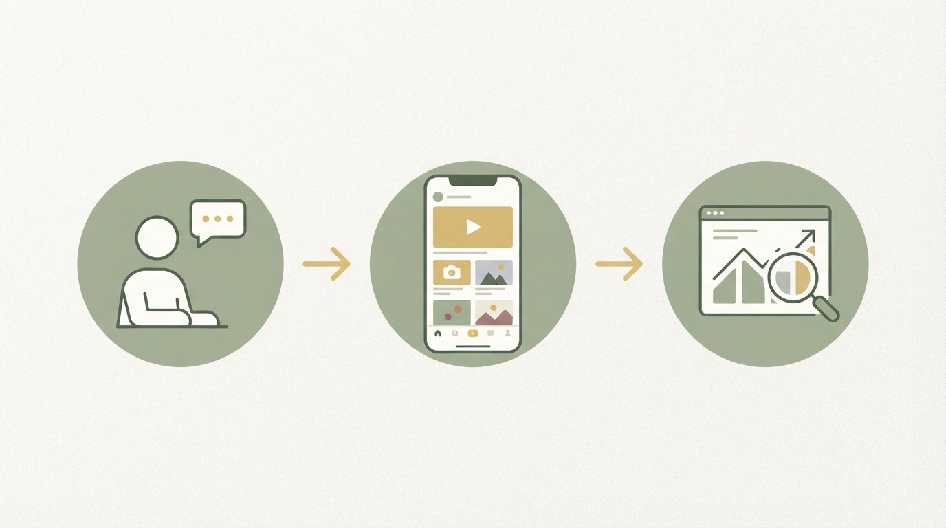 three connected stages shown left to right as simple icons: customer situation with speech bubble, smartphone showing several short video concepts, dashboard with magnifying glass; no readable text or labels
