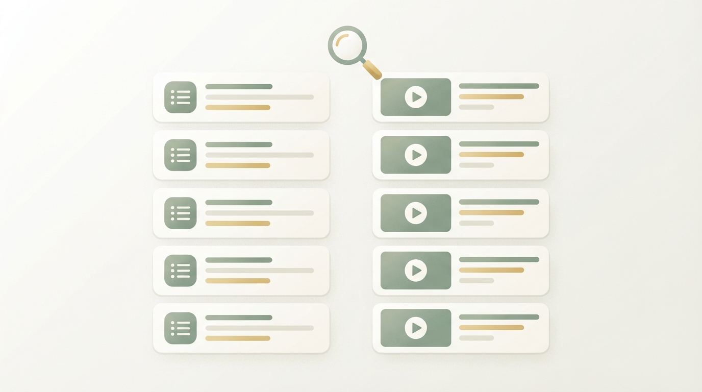 side-by-side comparison of two search result types, left column showing article/listicle icons stacked, right column showing video-play icons stacked, with a magnifying glass above both