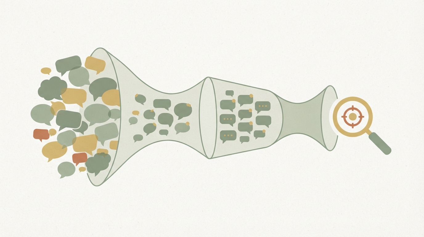 three connected funnel stages left to right shown as simple icons: a cluster of scattered speech-bubble icons representing forum comments, narrowing into a smaller cluster of repeated identical speech bubbles representing a common problem, narrowing further into a single magnifying glass over one target icon representing the validated niche