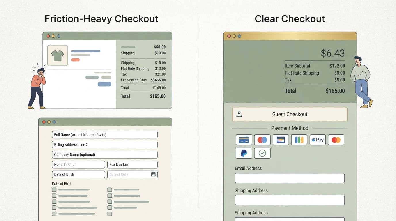 two-column comparison of a friction-heavy ecommerce checkout versus a clear checkout, left side shows surprise costs and many form fields, right side shows transparent total, guest purchase and payment options, no readable text
