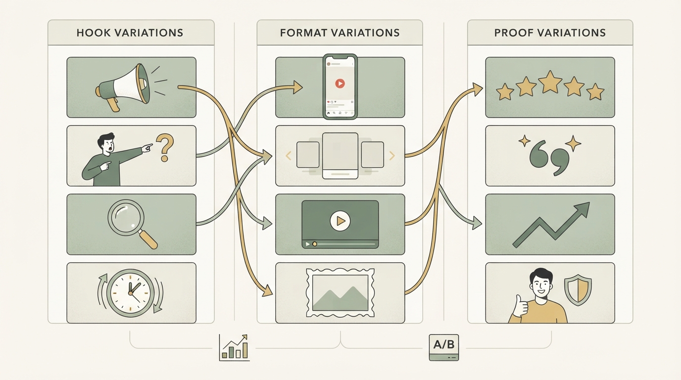 three-column creative testing framework showing hook variations, format variations, and proof variations, with arrows combining one choice from each column, no readable text