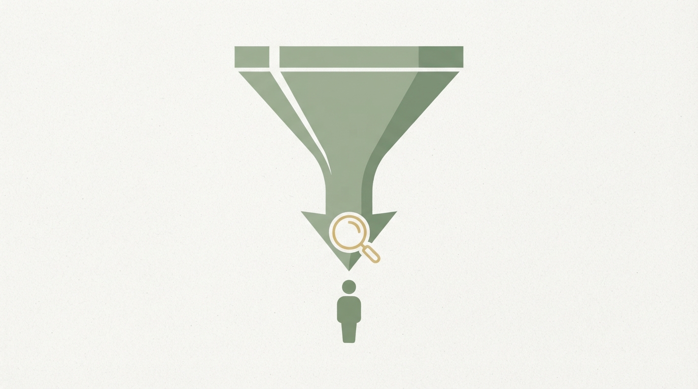a wide funnel narrowing into a single sharp arrow pointing at one silhouette, labeled visually with a magnifying glass icon over the arrow tip, minimalist flat illustration, two-tone color scheme