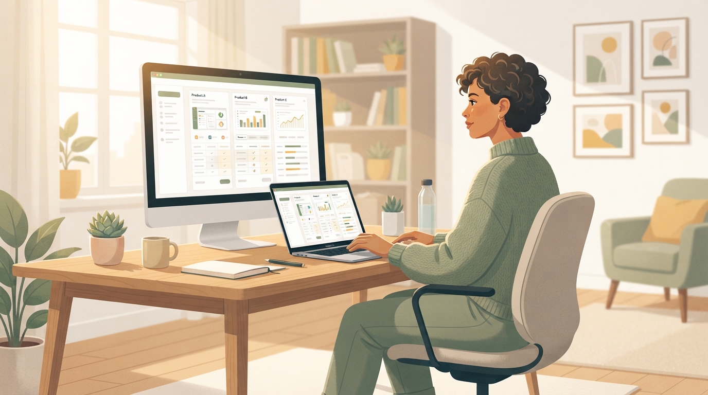 a founder at a desk comparing small software products on a screen, warm morning light