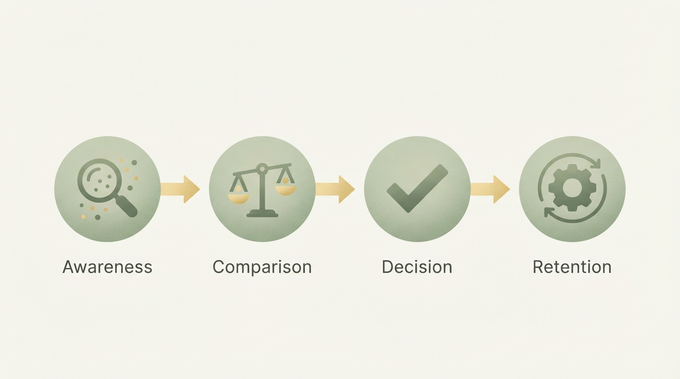 four connected stages left to right, labeled with simple icons — magnifying glass for awareness, scale for comparison, checkmark for decision, gear for retention, arrows linking each to the next
