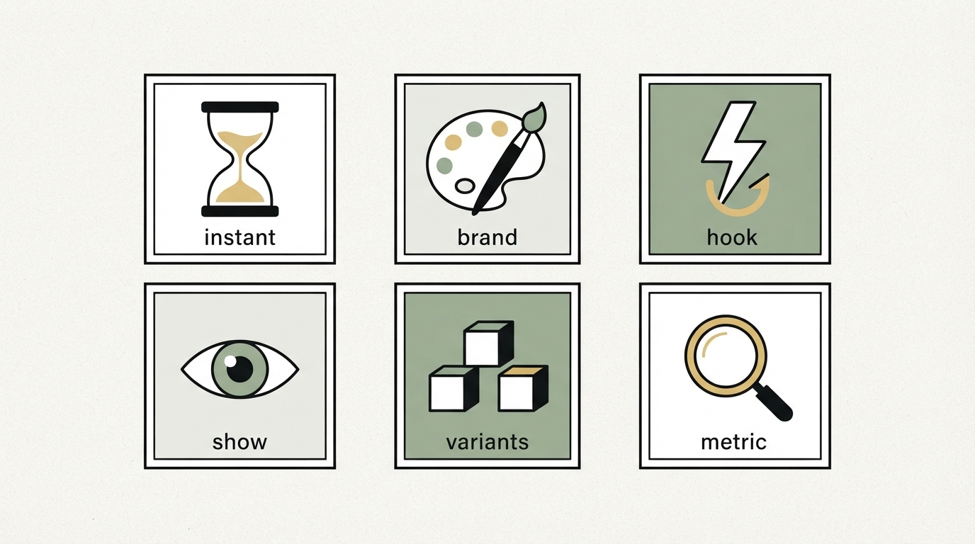 six square tiles in two rows, each with an icon and short label: hourglass + instant, palette + brand, lightning bolt + hook, eye + show, three squares + variations, magnifying glass + metric. clean graphic, black-and-white with one accent color, no text in image