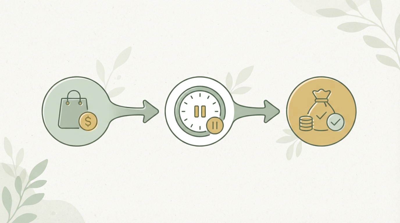 a simple horizontal diagram showing a commission flow: customer purchase icon, then a clock icon labeled with a pause symbol representing the holding period, then a payout icon with a checkmark, three stages left to right connected by arrows