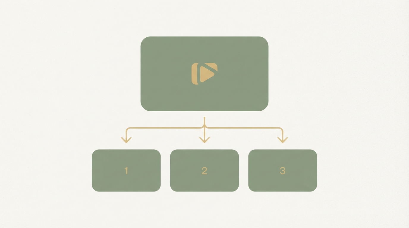 one rectangle on top (original 45-min video), below it three smaller rectangles (long-form clip 1, 2, 3 — each 2–4 min), arranged in numbered order with arrows showing the flow
