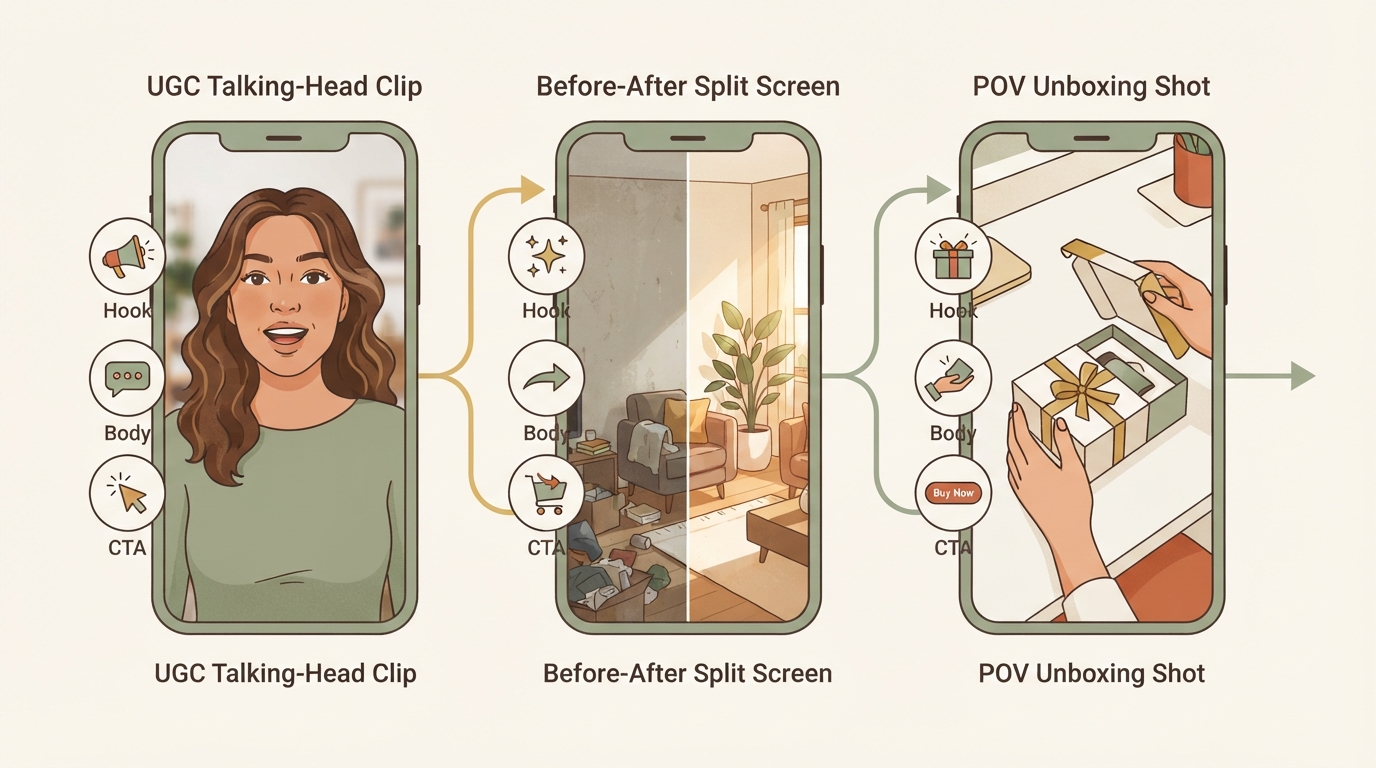 step-by-step flow showing three TikTok ad creative types side by side — UGC talking-head clip, before-after split screen, POV unboxing shot — each with a small icon indicating hook, body, CTA