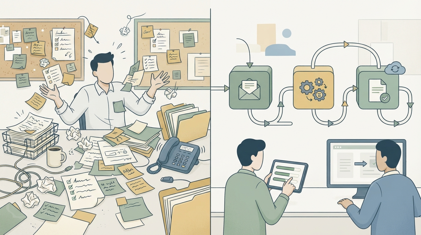 before and after comparison split screen, left side showing a cluttered manual workflow with scattered sticky notes and emails, right side showing a clean automated pipeline with three connected boxes