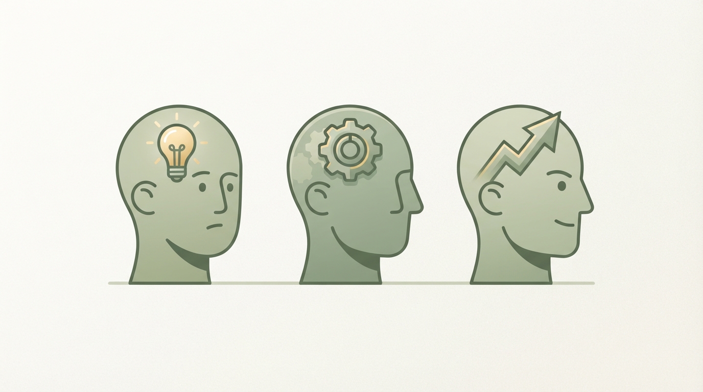three heads side by side with different icons: a lightbulb (for beginners), a gear (for optimizers), an upward arrow (for scalers) — psychographic audience segments