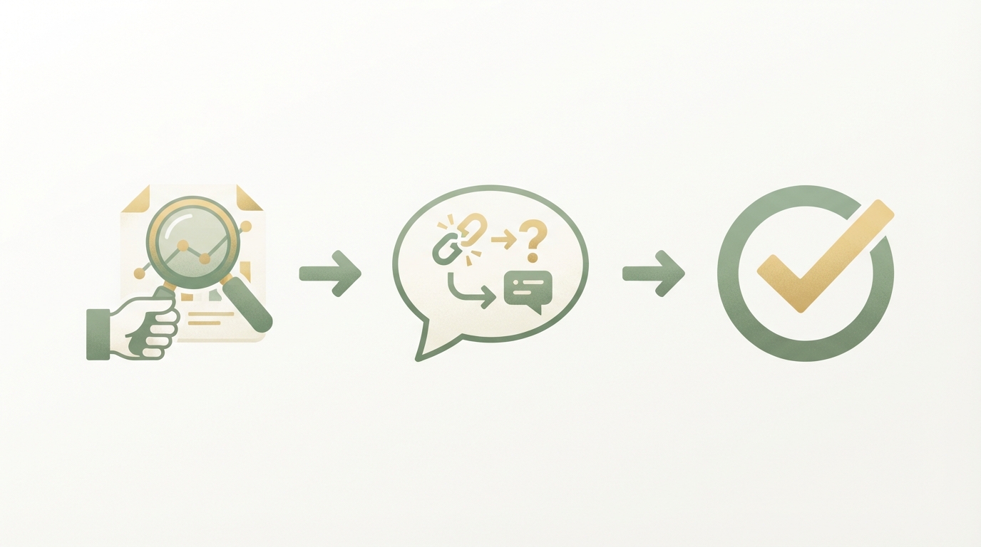 three-step horizontal flow with icons — magnifying glass labeled research, speech bubble labeled problem-first message, checkmark labeled reply
