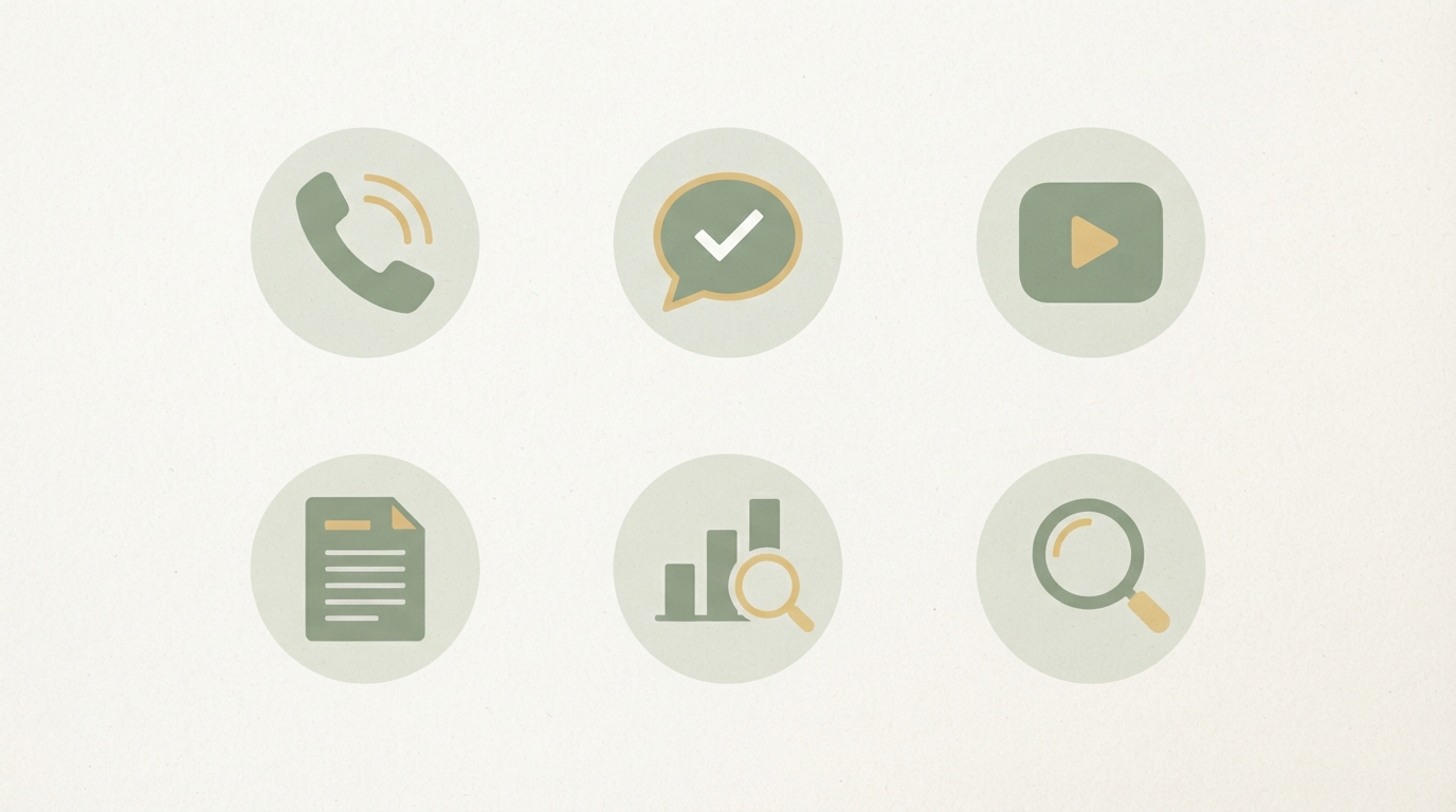 five simple icons arranged in a grid, each representing a different business field — a phone handset, a speech bubble with checkmark, a video play button, a document with lines, a bar chart with magnifying glass, no readable text