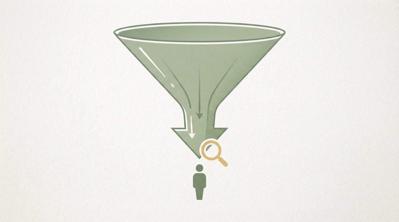 a wide funnel narrowing into a single sharp arrow pointing at one silhouette, labeled visually with a magnifying glass icon over the arrow tip, minimalist flat illustration, two-tone color scheme