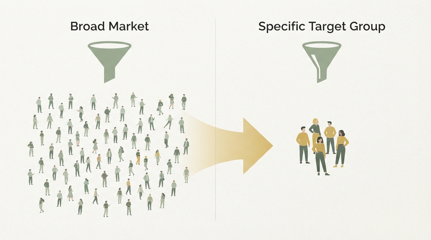 two-column comparison, left side labeled with a wide funnel icon and many scattered small figures representing a broad market, right side labeled with a narrow funnel icon and a few highlighted figures representing a specific target group, arrow between them showing narrowing