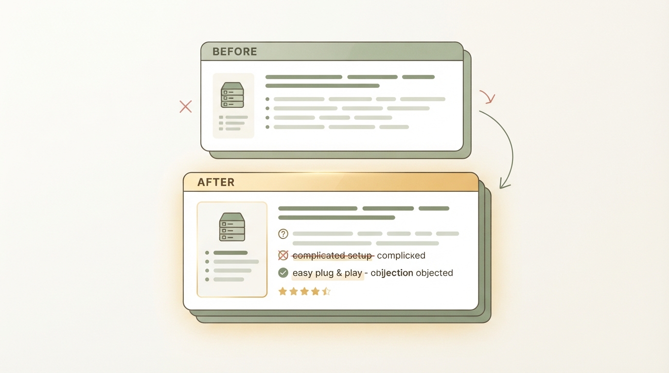 before and after comparison of one product description, left side generic and feature-only text, right side rewritten version highlighting one specific customer objection and a concrete benefit, shown as two stacked text cards