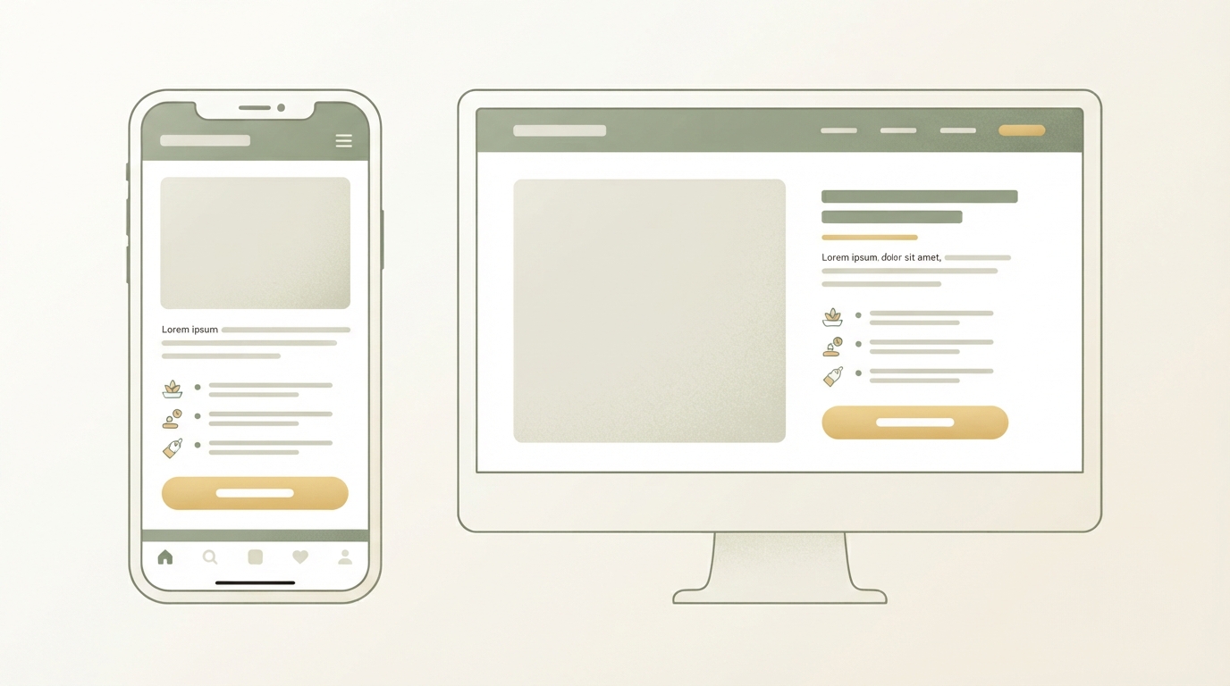 mobile smartphone screen showing a product page layout with short paragraph, bullet list of three benefits, and a clear button, next to a desktop version of the same page side by side