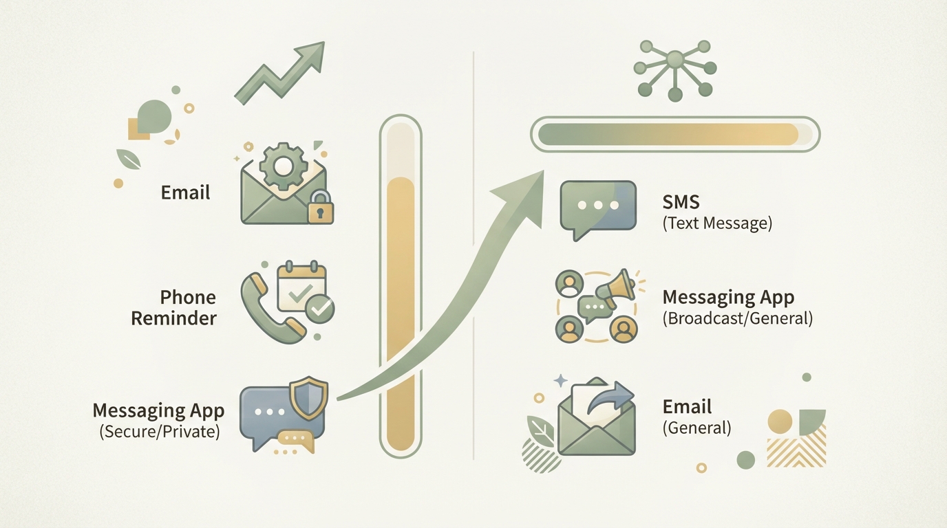 two-column comparison diagram of email, SMS, messaging app, and phone reminder channels, showing control versus reach tradeoffs with icons, no readable text