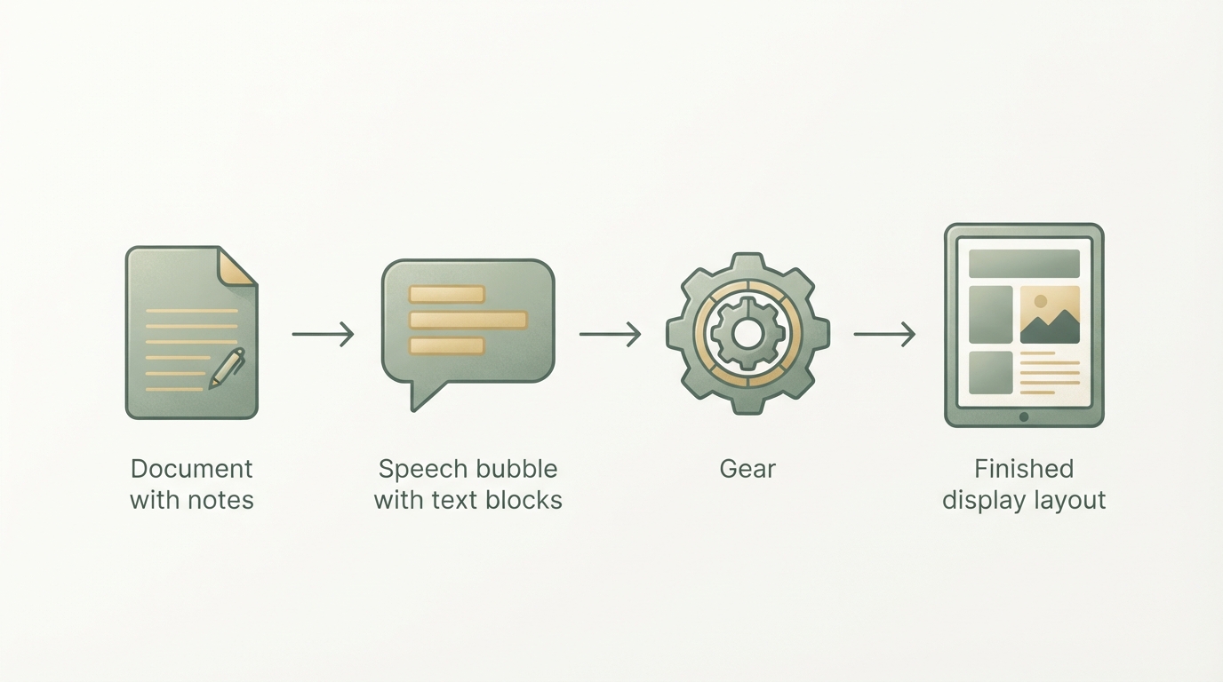 vierstufiger Prozess-Flow als Icons: Dokument mit Notizen, Sprechblase mit Textbausteinen, Zahnrad, fertiges Anzeigenlayout, von links nach rechts verbunden